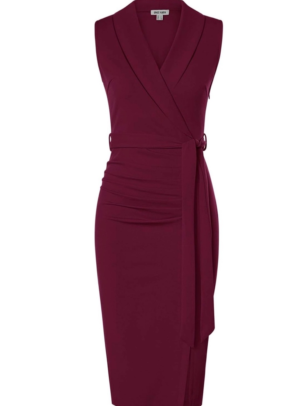 Grace Karin Sleeveless Faux-Wrap Midi Dress in Wine